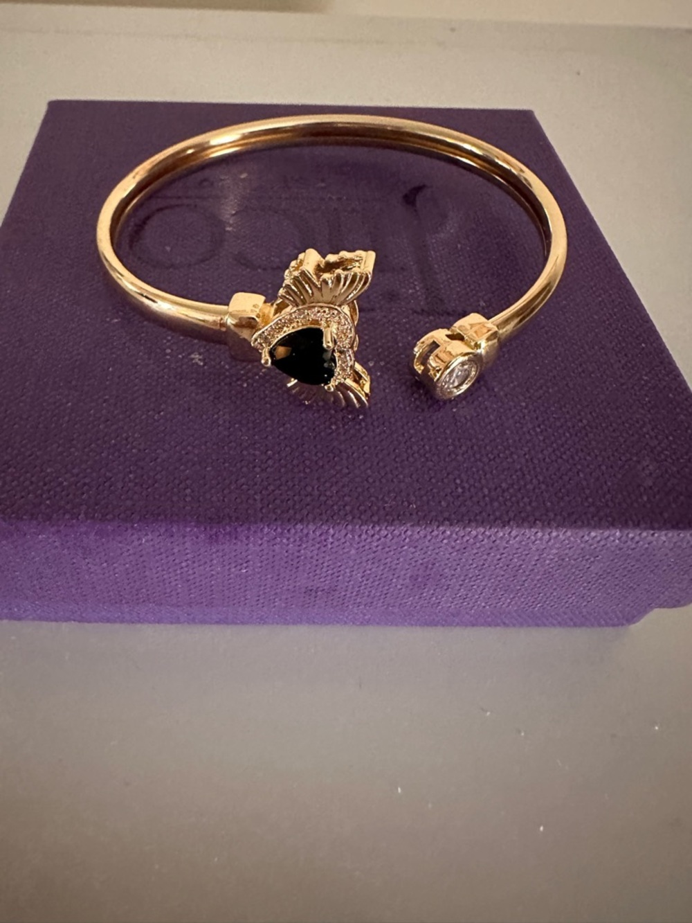 Gold Open Cuff Bracelet with Black Stone Accent - Women Jewelry - Picture 6 of 7